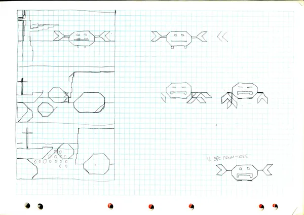 Graph-paper drawings of the giant crab in three poses, and the scenes it appears in