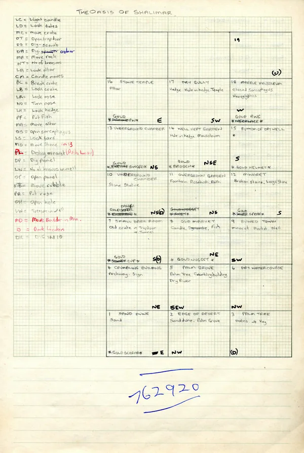 The Oasis of Shalimar location grid and abbreviation key, with the treasures starred