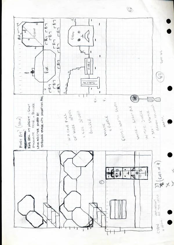 Graph-paper drawings of the jungle scene: a pyramid outline, a carved head marked cyan, steps and a statue