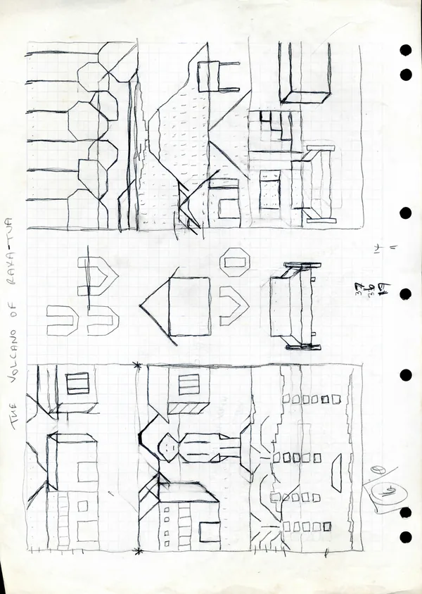 Graph-paper drawings for The Volcano of Raka-Tua: trees, houses and the town statue, drawn sideways on the sheet